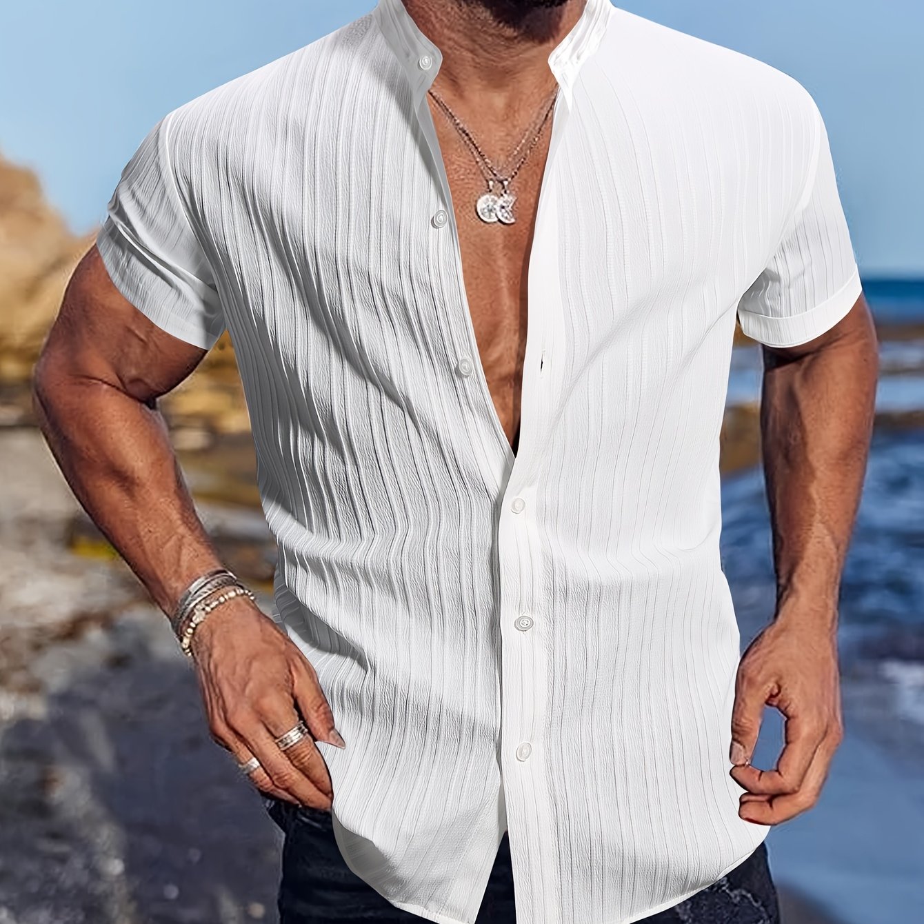 Men's summer casual short sleeve shirt with solid color stripes, made of breathable polyester. Features a stand collar, pocket detail, and a regular fit for weekend leisure and beach