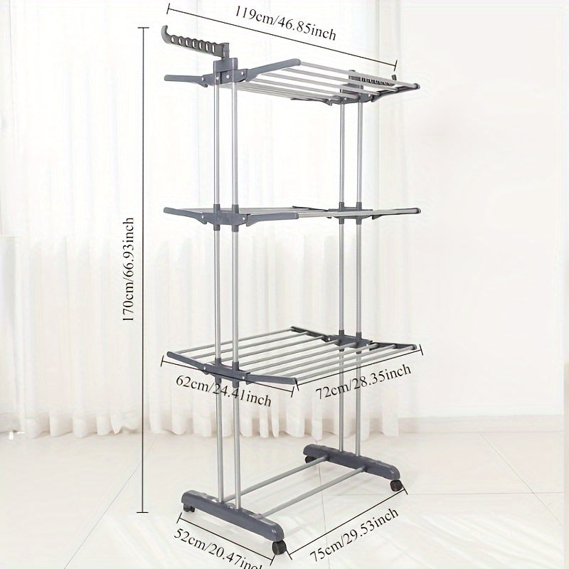 Expandable and foldable 3-tier metal clothes rack for indoor/outdoor use. Freestanding and space-saving design perfect for balcony storage and home laundry drying.