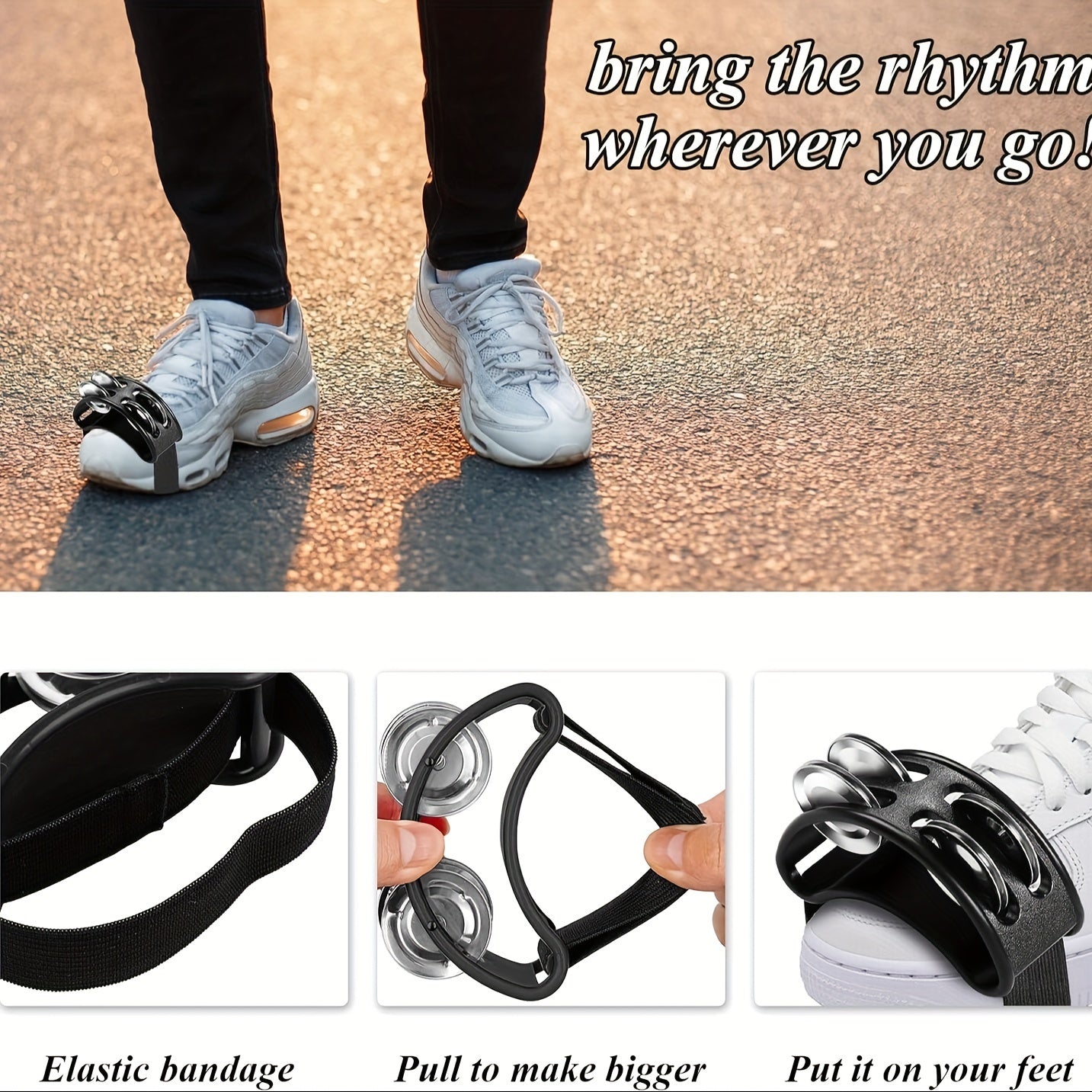 Footset Tambourine percussion, instrument with steel bell tones for drum and guitar performance, percussion pedal, adult foot shaker with elastic band.