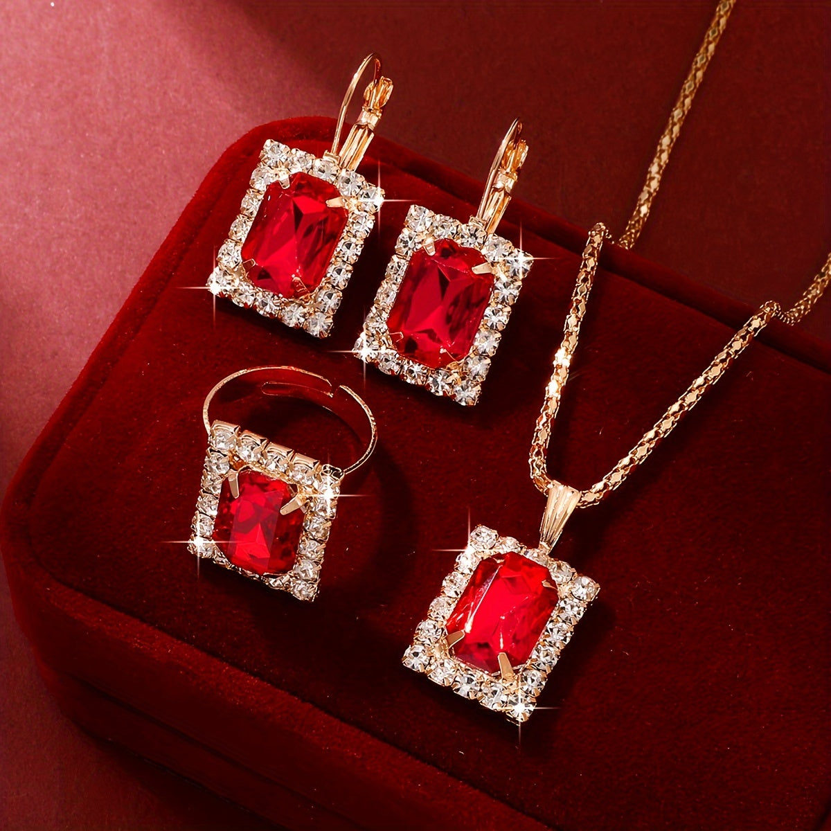 4-piece women's jewelry set with retro square glass rhinestones