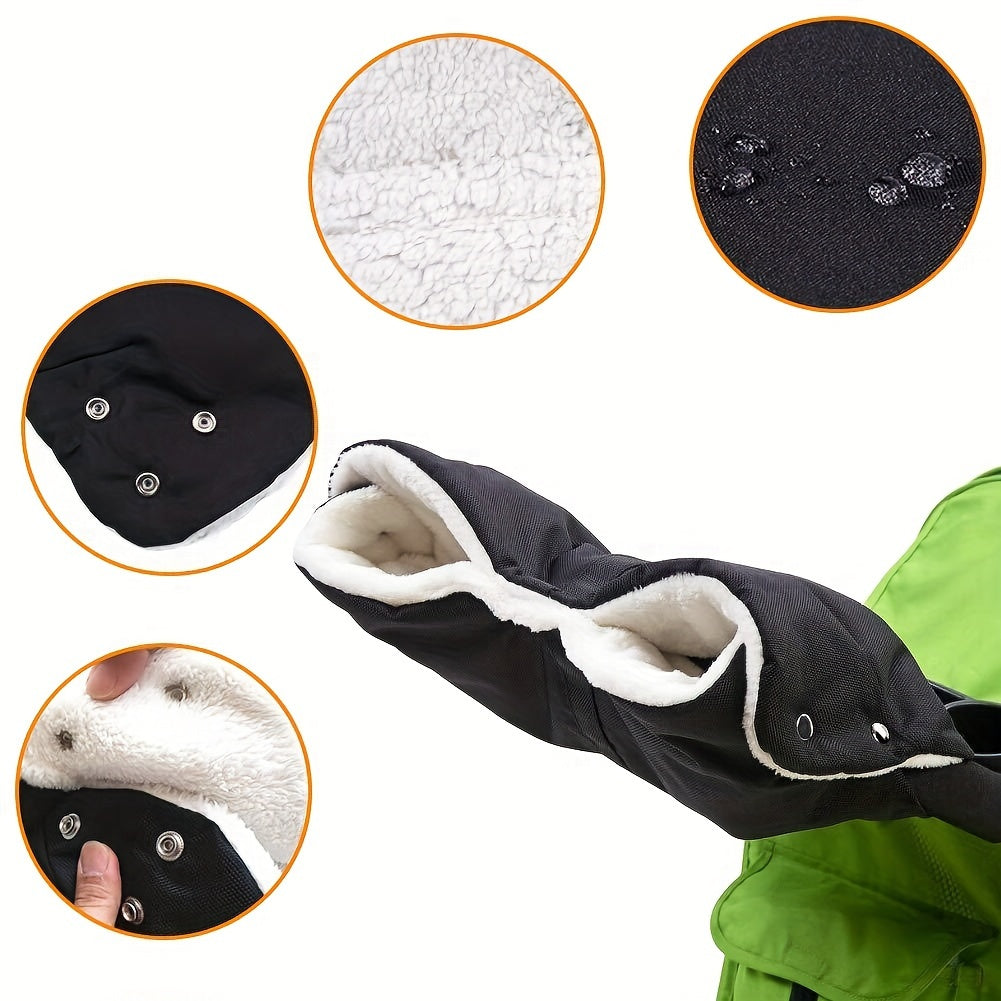 Black Winter Stroller Hand Muffs - Keep Parents' Hands Warm with Cozy Fleece-Lined Covers for Pushchair Handlebars. Waterproof and Windproof for Cold Weather, Suitable for Ages 14 and Up. Made of Durable Polyester Material, Fits Most Strollers.