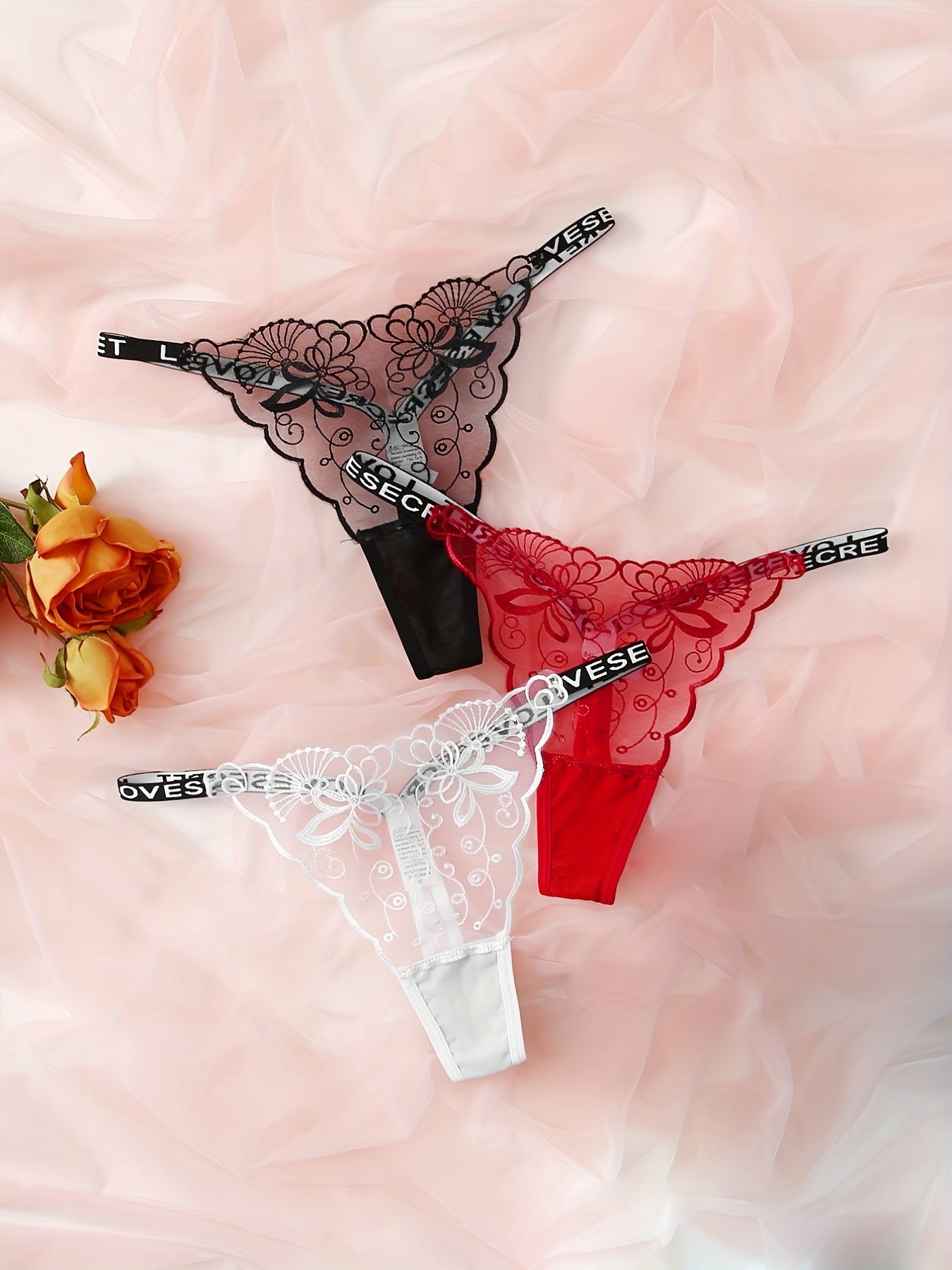 3 Floral Lace Mesh Thongs with Sheer Letter Tape, Women's Lingerie & Underwear.