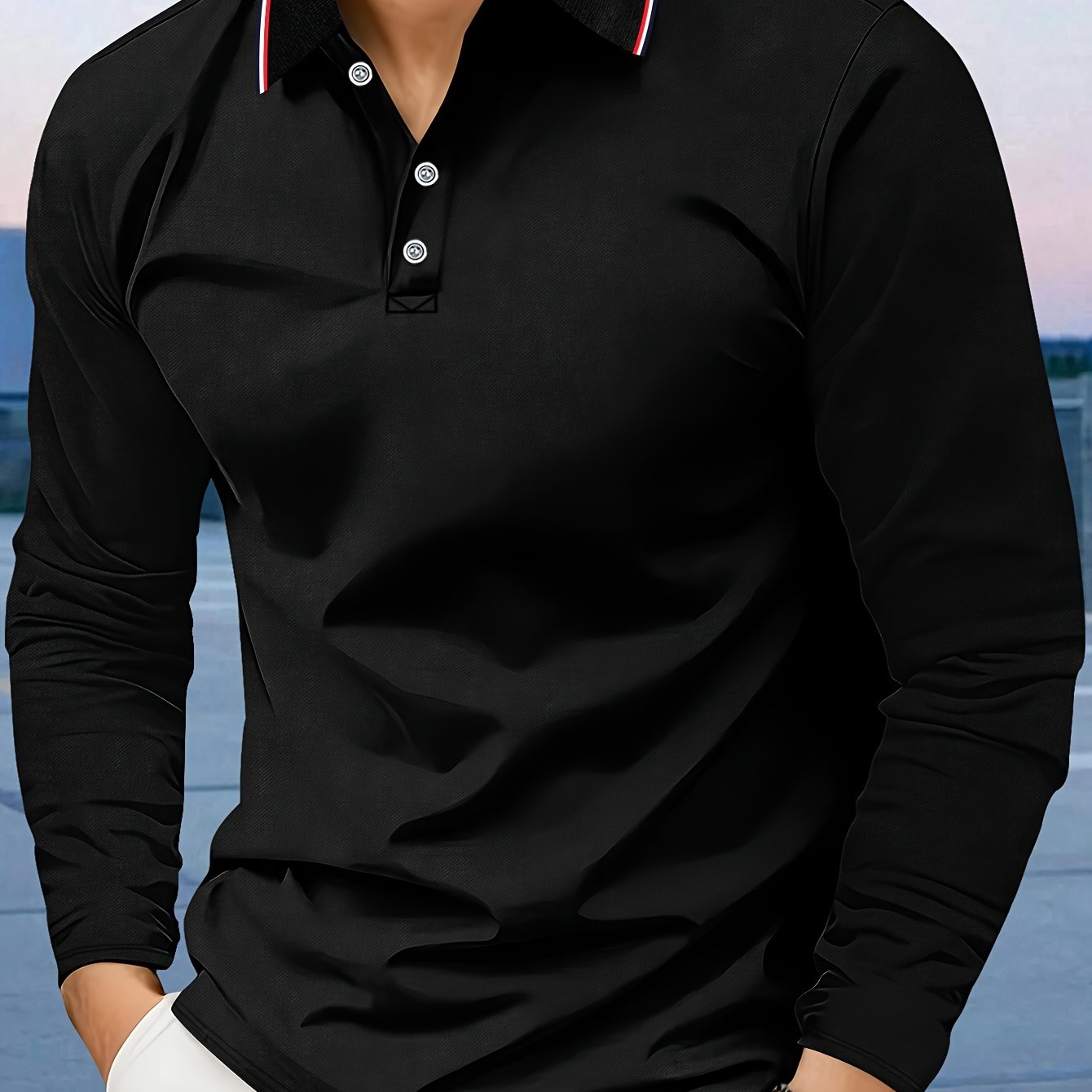 Men's casual polo shirt with breathable comfort fabric, long sleeve turn-collar, solid color, regular fit, knit fabric, 100% polyester, button details, suitable for the fall season -