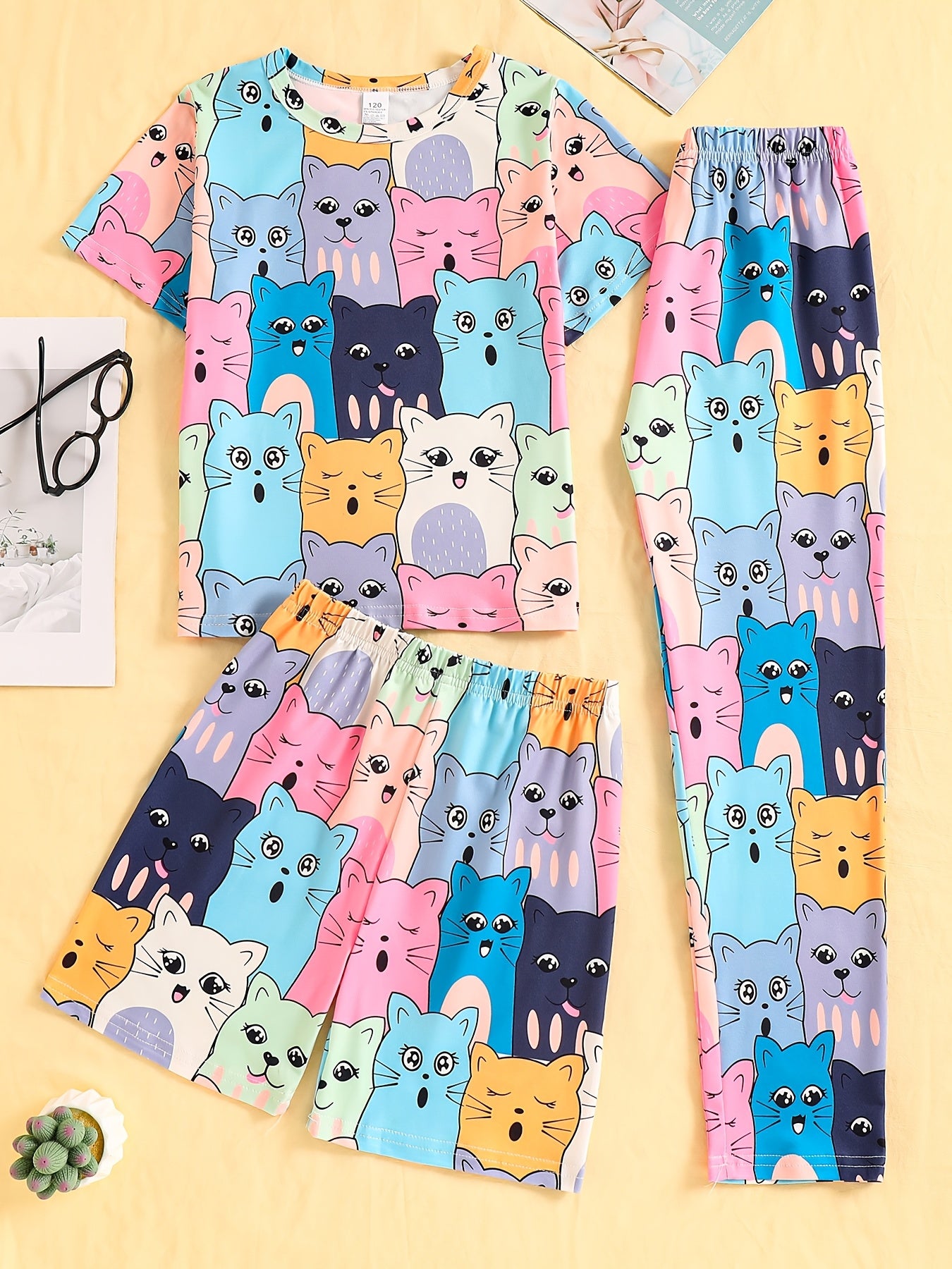 3-piece pajama set for girls with cat print loungewear