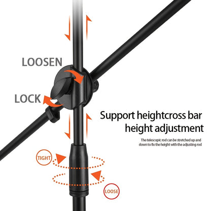 RodeoSonido Premium Microphone Stand with detachable tripod boom stand, clip holder, and metal base, ideal for singing, speeches, performances, weddings, and outdoor events.