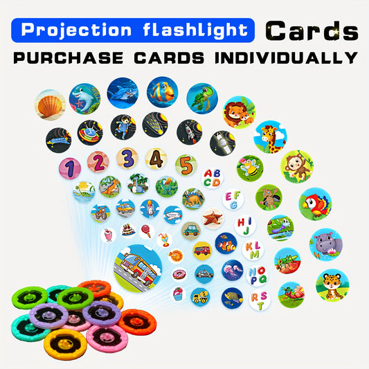 Projection Flashlight Cards: For 3.2cm flashlights, 18 cards with 144 patterns for ages 3+. Designs include animals, vehicles, pets, dinosaurs, oceans, and birds.