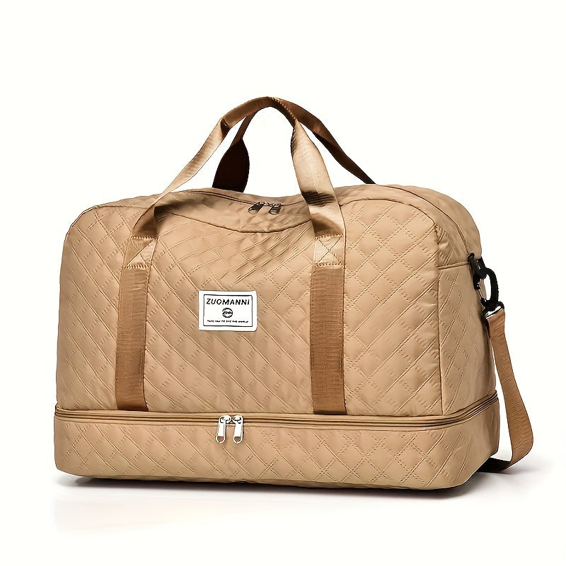 Large luxury duffel bag with multiple compartments for travel and gym use.