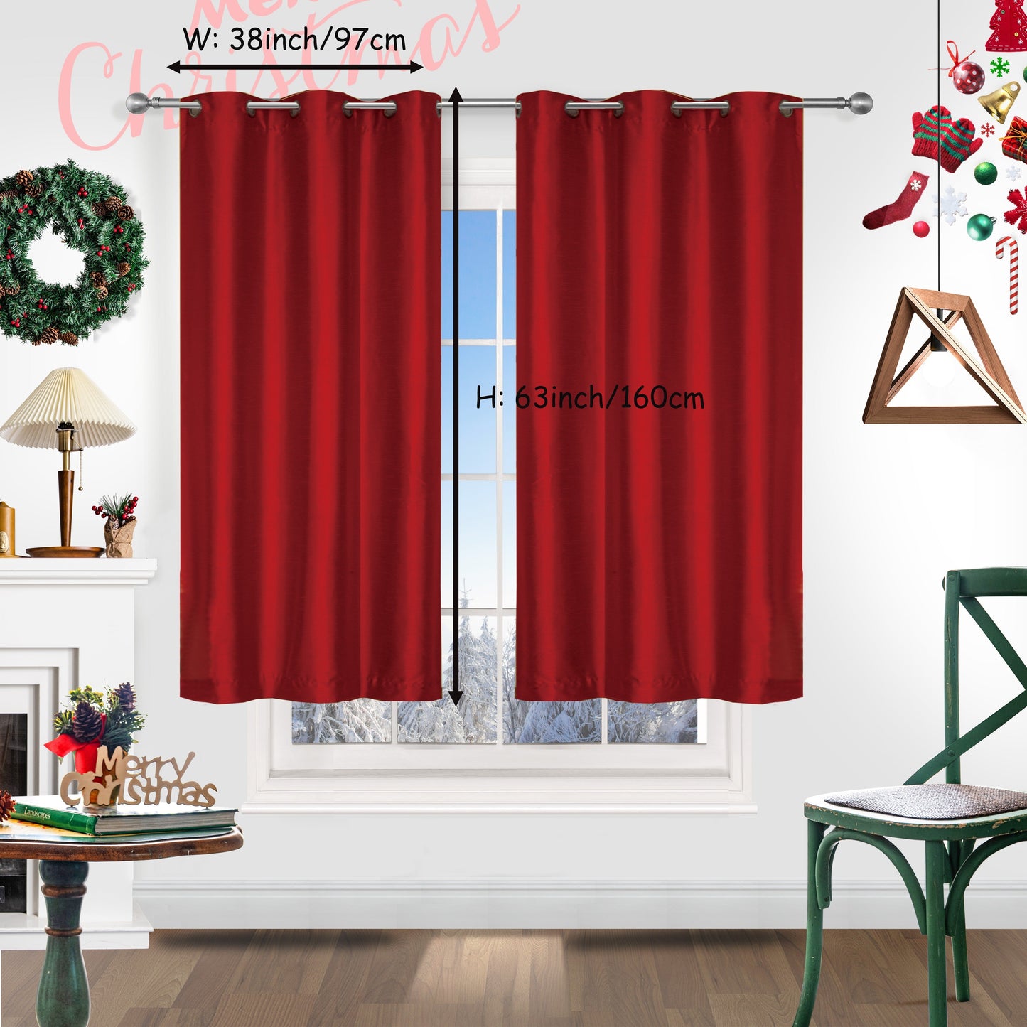 Add a festive touch to your space with 2 pieces of red Christmas curtains. These curtains are made of faux silk with a grommet top design, providing both style and functionality. Perfect for living rooms, bedrooms, offices, kitchens, and studies, these