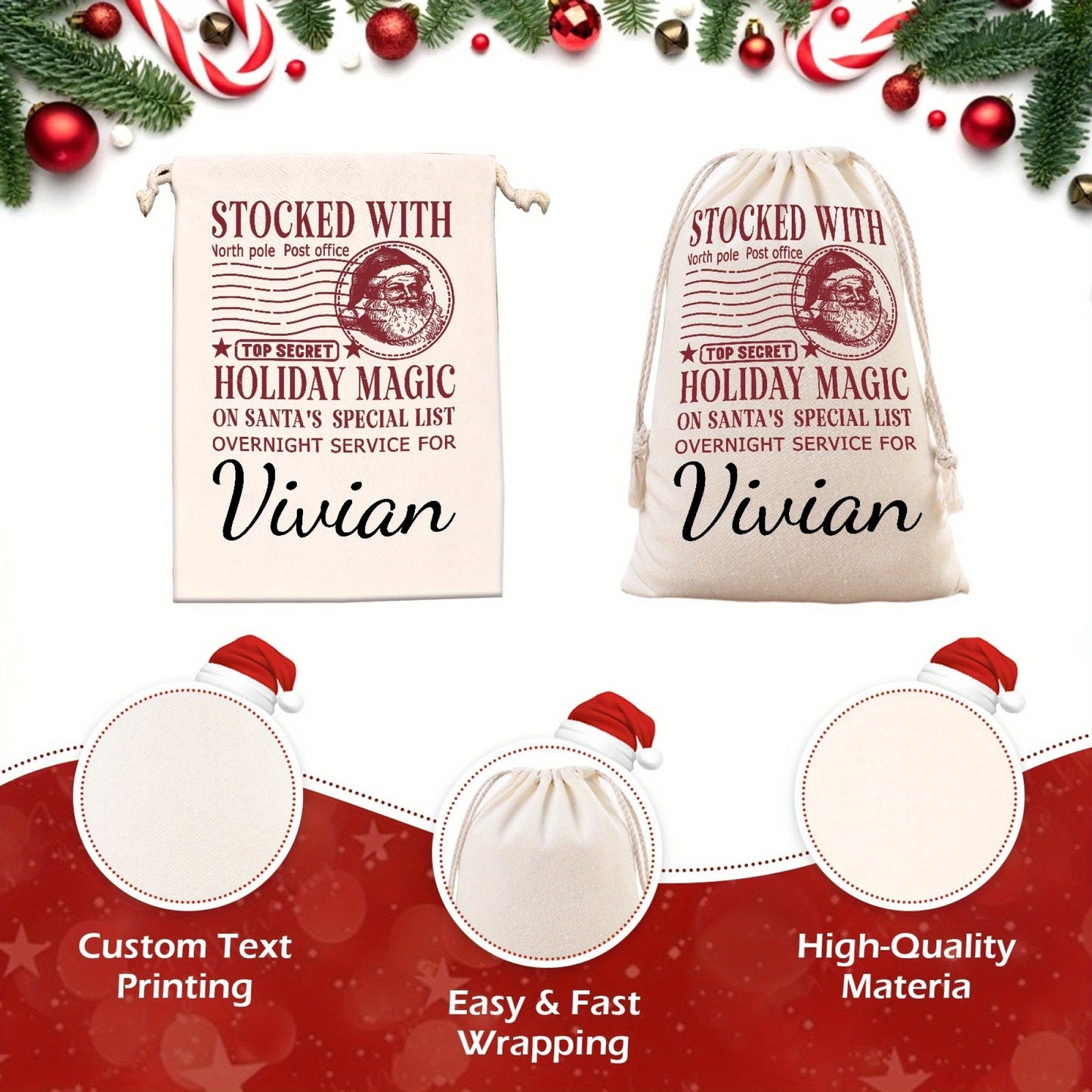 Santa Sack customized with your name for a special touch, Unique Christmas Gift Bags, Oversized Canvas Santa Bags with Drawstring Closure, Adorable Party Favor Bag in Canvas Cute Style, Buy in Bulk for Gift Giving, Three Sizes to Choose From, Ideal for