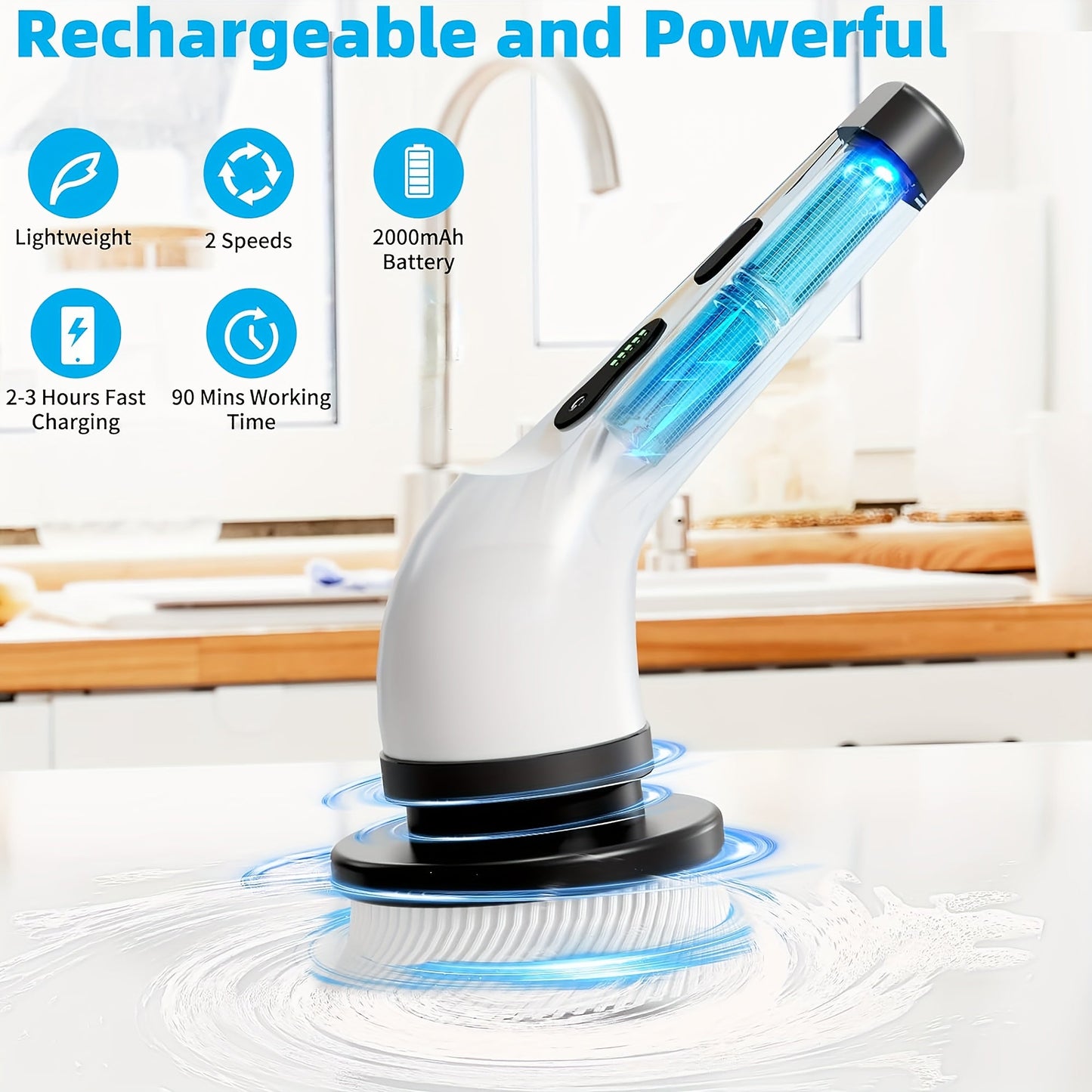 Introducing the compact and powerful Electric Cleaning Brush with Rotating Floor Washing capabilities. This wireless device comes with 7 interchangeable brush heads and an adjustable extended handle for versatile cleaning. Perfect for bathrooms