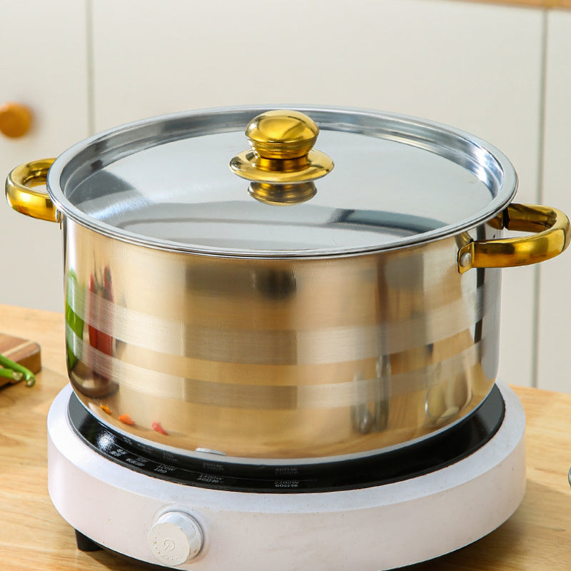 Set of 10 Stainless Steel Pots with Large Capacity, Easy to Clean, Multiple Sizes, Versatile Uses, Includes All-Steel Pot Covers with Heat-Resistant Golden Handles.