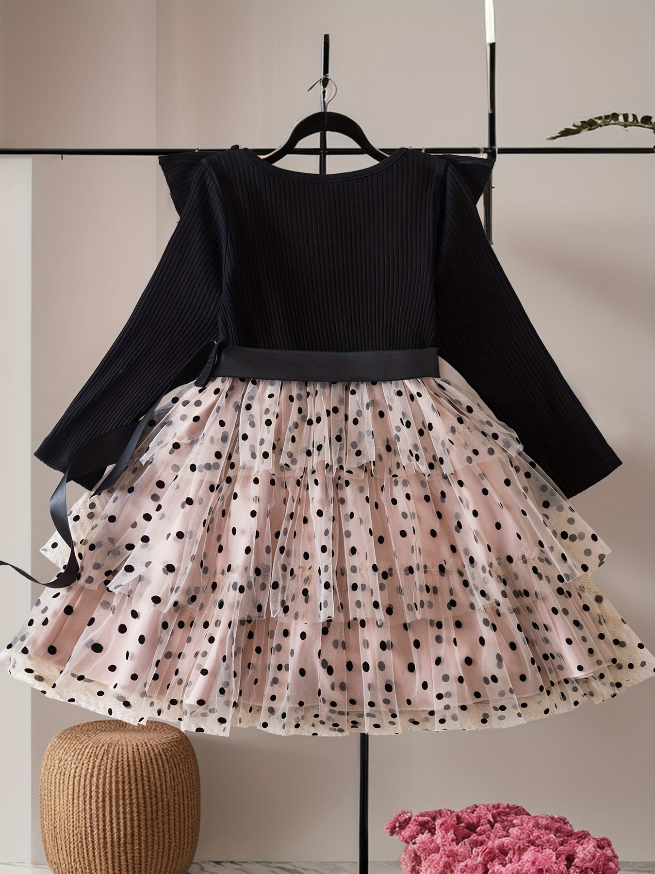 Stylish Polka Dot Princess Dress with Mesh Layered Tutu for Winter/Fall