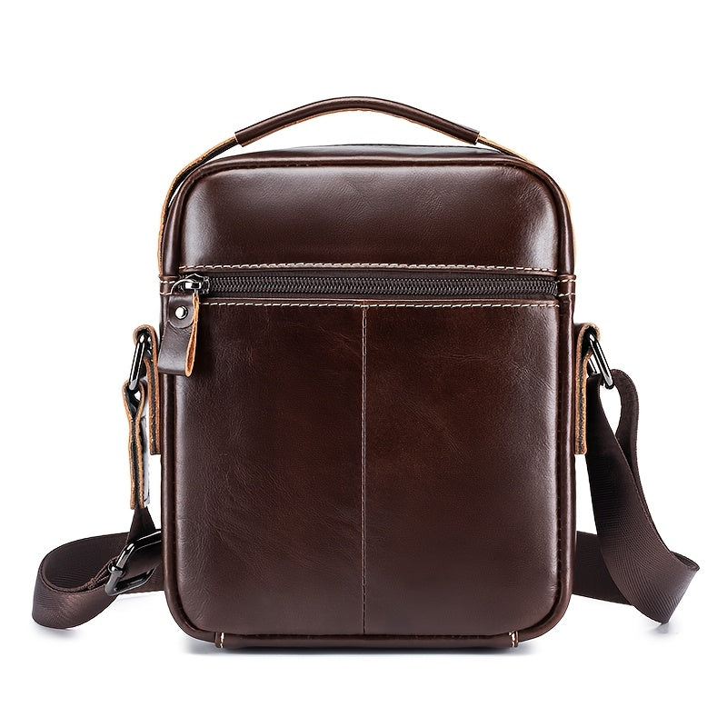 Fashion Genuine Leather Men's Crossbody Bag with Adjustable Shoulder Strap, Multi-Compartment Design, Zipper Closure - Dark Brown, Non-Washable for Outings.