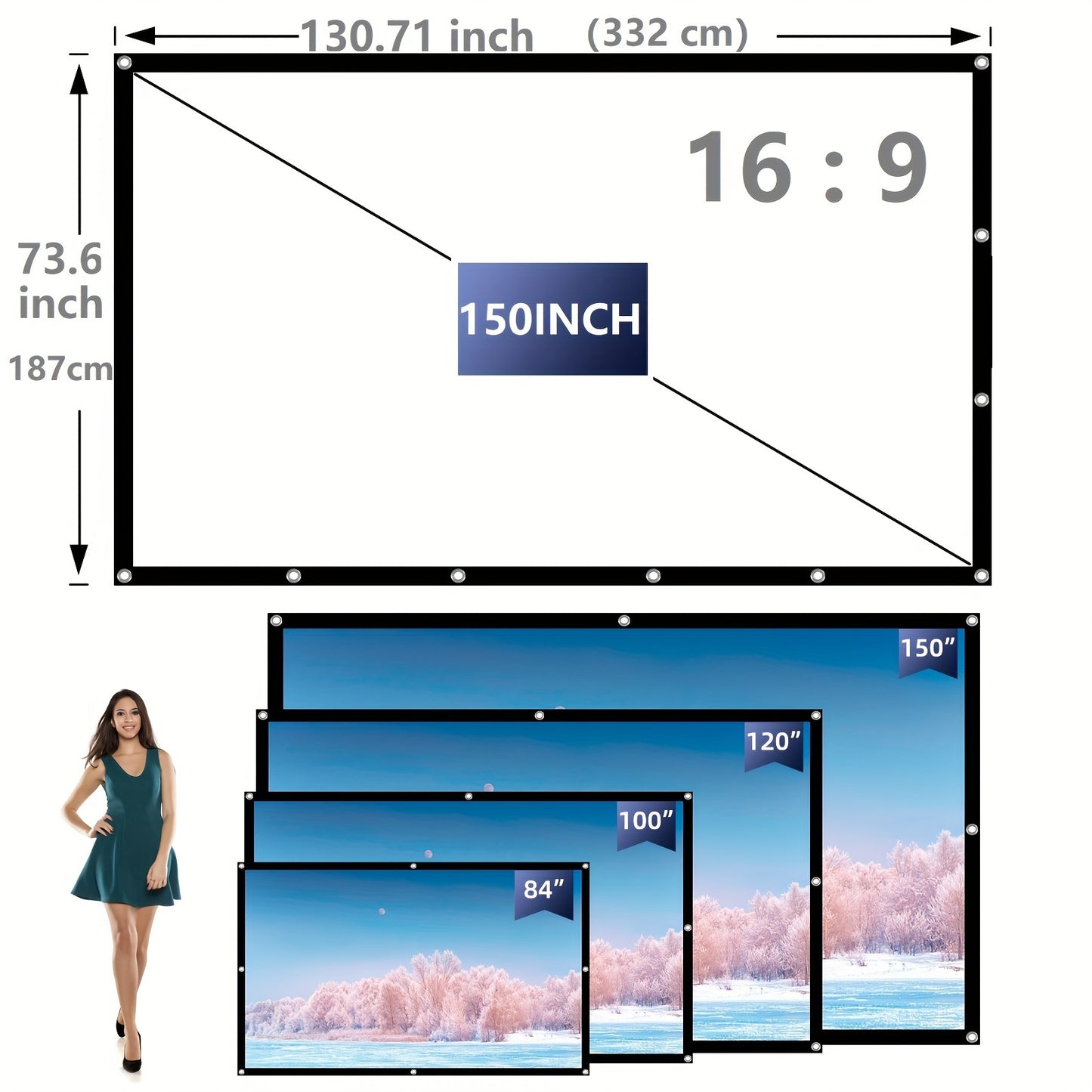 VERCORKIN Portable Projector Screen in 16:9 ratio, foldable, wrinkle-resistant, and dual-sided. Machine washable and available in multiple sizes for various uses.