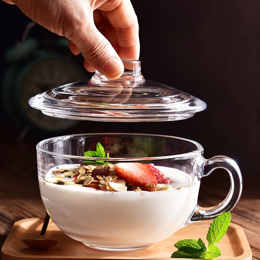 Premium glass cup with lid & spoon, microwave safe. Ideal for breakfast, coffee, tea, milk, yogurt. Clear, durable & stylish for home or office.