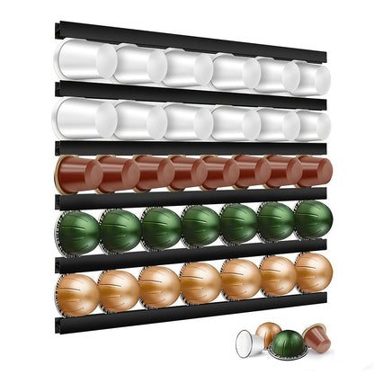 Coffee bar accessories including a 1pc Coffee Capsule Holder compatible with K-Cup, Nespresso Original, Dolce Gusto, Vertuoline, Lavazza Coffee Pods. Shelf Capsule Storage Racks also included.