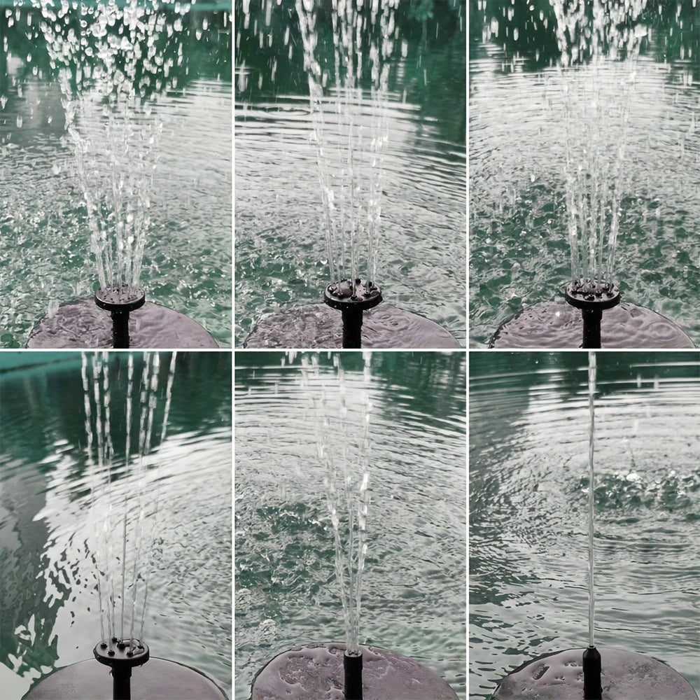 Solar fountain pump with LED light, Lithium battery powered, suitable for garden and water features, with 7 nozzle modes and durable construction.