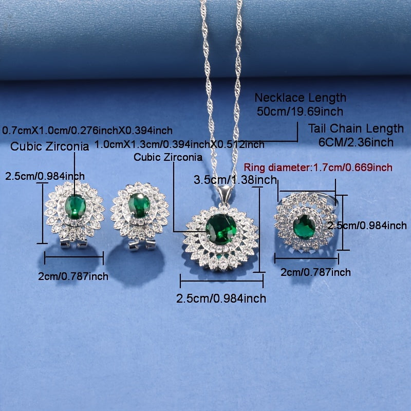 Beautiful Sunflower Jewelry Set for Women - Includes Cubic Zirconia Earrings, Ring, Necklace, and Bracelet - Silver Plated, Ideal for Weddings and Vacations