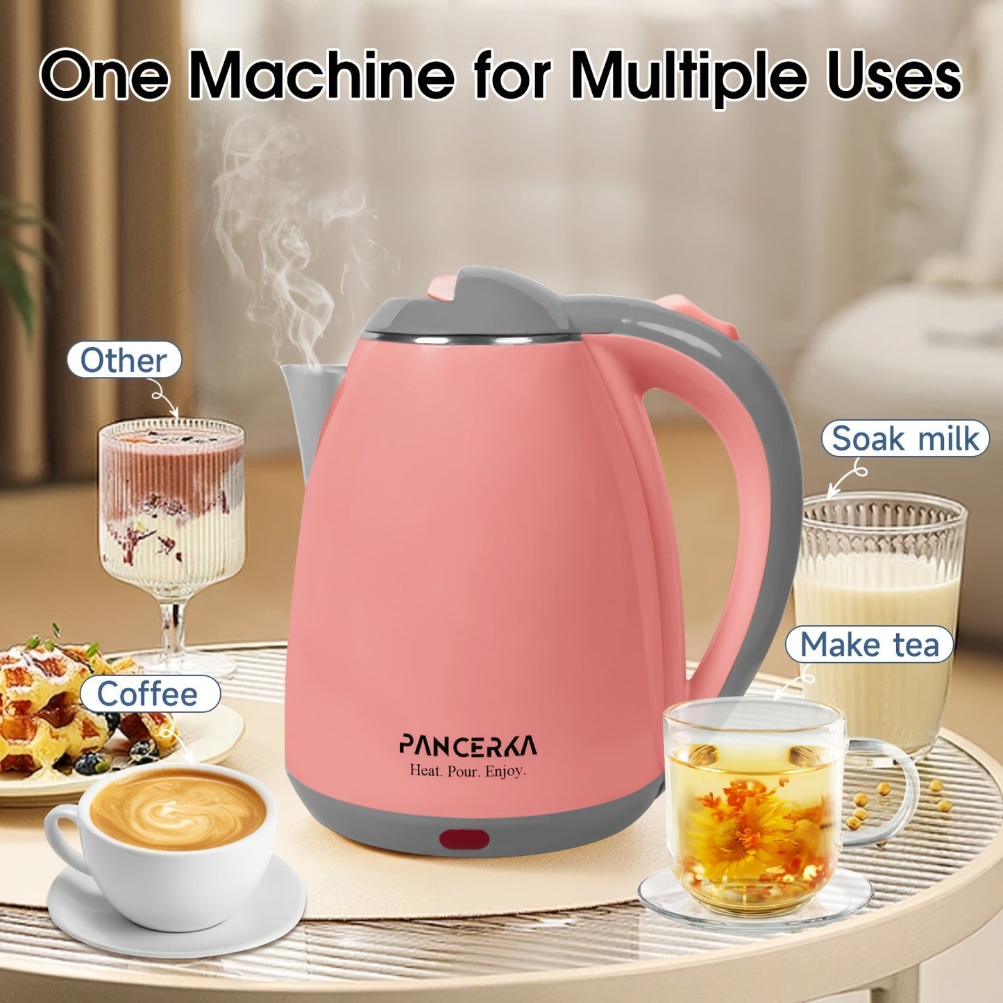 Get ready to experience quick and convenient boiling with the 1pc PANCERKA Electric Kettle. This 1500W kettle can rapidly boil 1.8L of water with its auto shut off feature for safety. Made of stainless steel, it is powered by a 220V European Standard