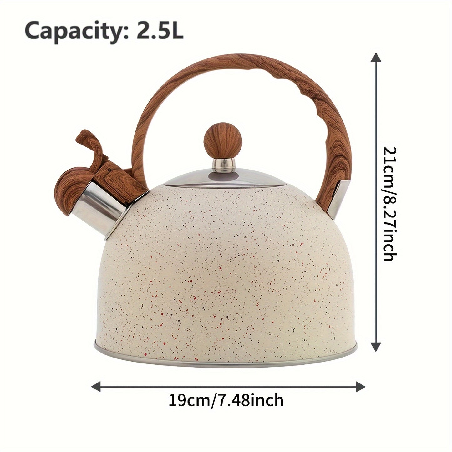 2.5L Stainless Steel Whistling Tea Kettle with Stone Finish and Wood Handle - Fast Boil, Great for Tea, Coffee, Milk