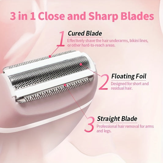 Portable electric shaver for women with detachable head, can be used wet or dry.