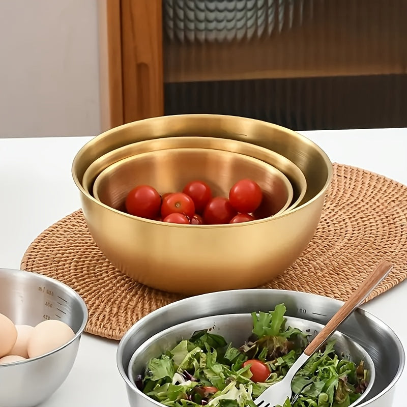 Set of 3 stainless steel salad bowls with measuring marks, various sizes - 700ml, 1200ml, 3000ml