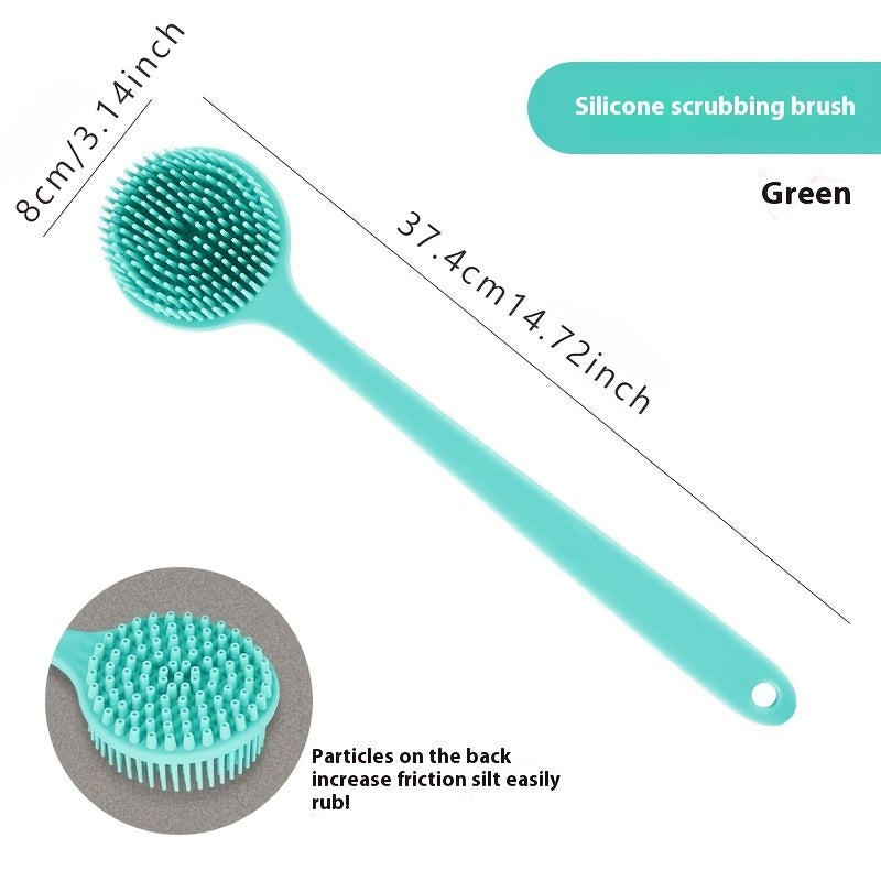 Double-sided soft silicone bath brush with long handle for gentle deep cleansing and skin care. Battery-free and suitable for gifts.