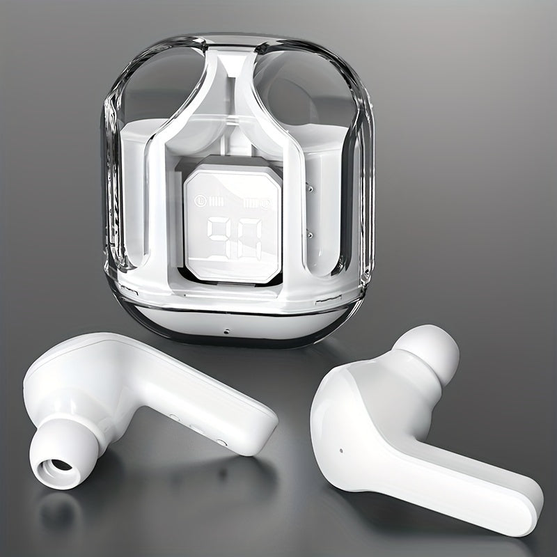 1 pair of transparent TWS wireless earbuds with LED power display, volume control, condenser mic, and rechargeable lithium polymer battery. Compatible with smartphones, with Type-C