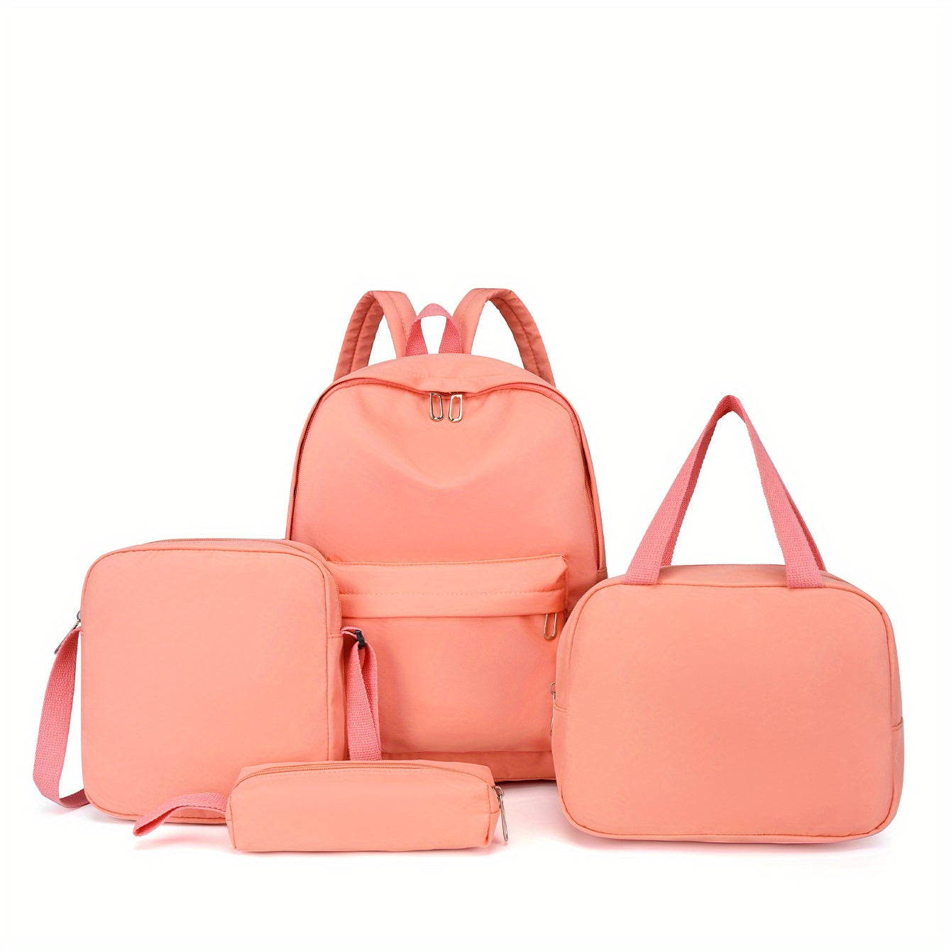 Set of 4 backpacks, cross body bag, handbag, and pen bag in classic solid colors. Suitable for both women and men for casual travel with large capacity. Ideal for schoolgirls and students