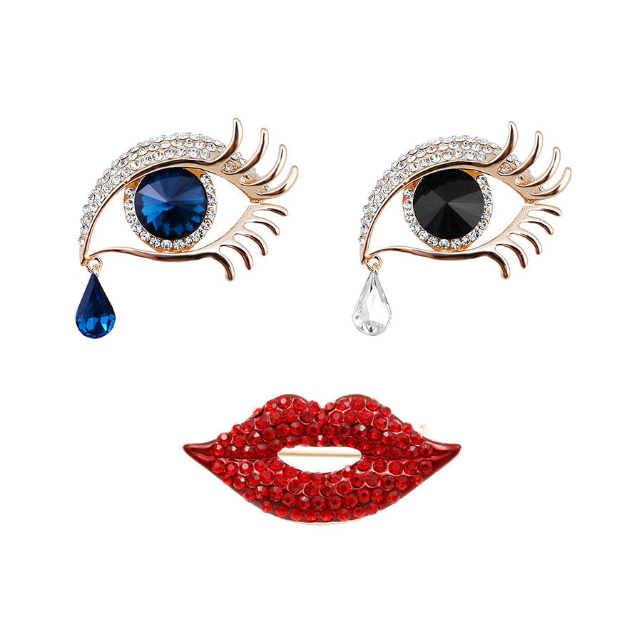 Set of 3 abstract blue tears, eyes, and red lips brooches that are a creative addition to women's clothing accessories.