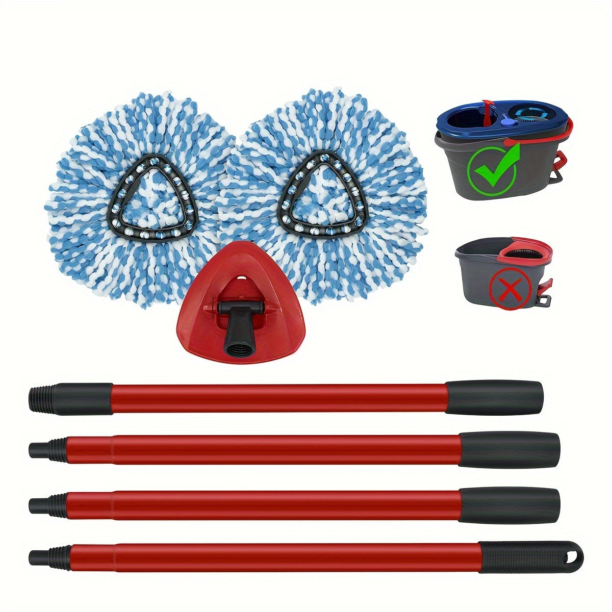 Get two pieces of Microfiber Spin Mop Refill Set with a sturdy 4-Section Iron Handle, compatible with O-Cedar EasyWring & RinseClean 2-Tank Systems. The handle is adjustable from 76.2cm to 147.32cm for effective floor cleaning.