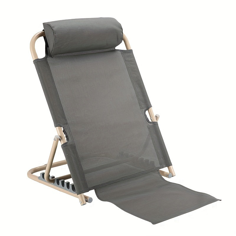 Grey Adjustable Backrest Chair made of Polyester Material, Folding Lazy Sofa suitable for Dormitory or Tatami Floor Lounger. This Large Size Bed Computer Chair comes with a Headrest and Extended Footrest.