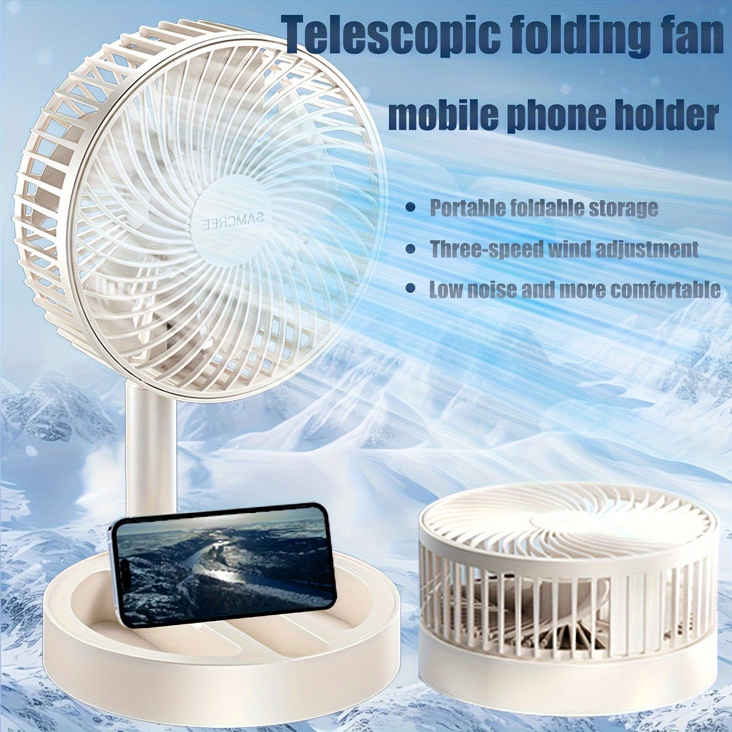 Telescopic Folding Fan with Phone Holder, Portable Table Fan with Quiet 360° Airflow, Adjustable, USB Powered for Home Office School - Perfect Summer Gift