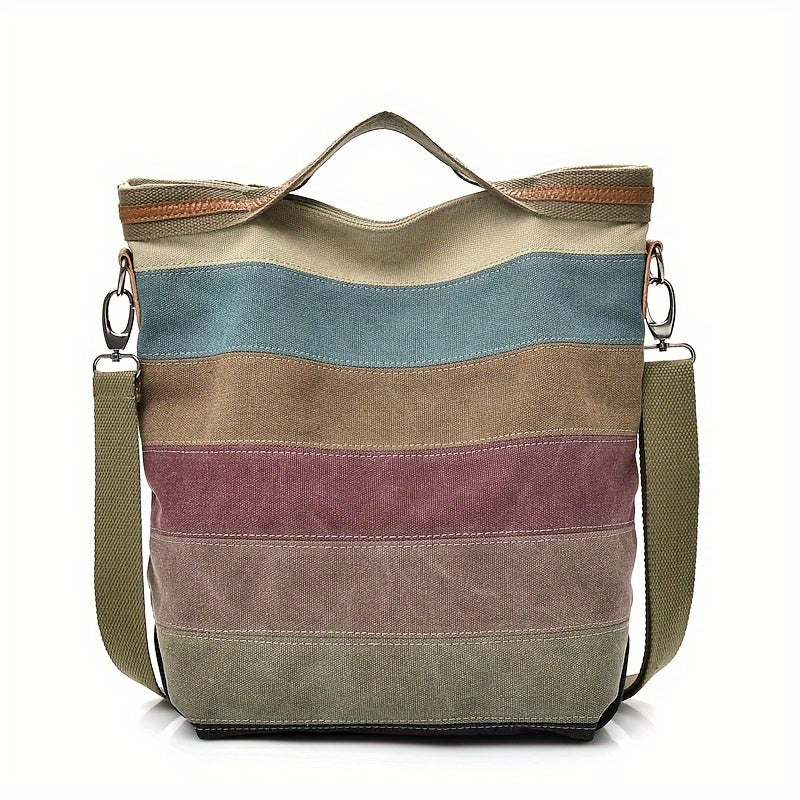 RUYIHUANG Women's Casual Tote Bag: Large Capacity, Multi-Compartment, Colorblock Design with Detachable Shoulder Strap, Beige & Blue-Green Striped Pattern, Everyday Use