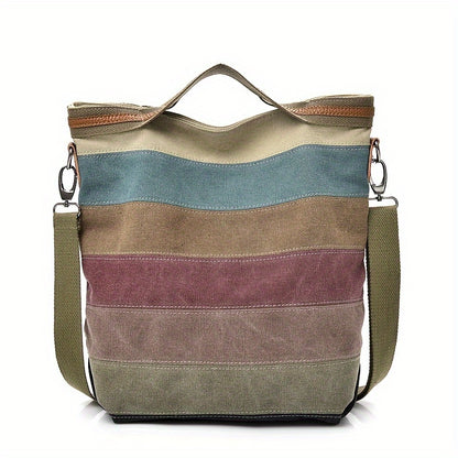 RUYIHUANG Women's Casual Tote Bag: Large Capacity, Multi-Compartment, Colorblock Design with Detachable Shoulder Strap, Beige & Blue-Green Striped Pattern, Everyday Use