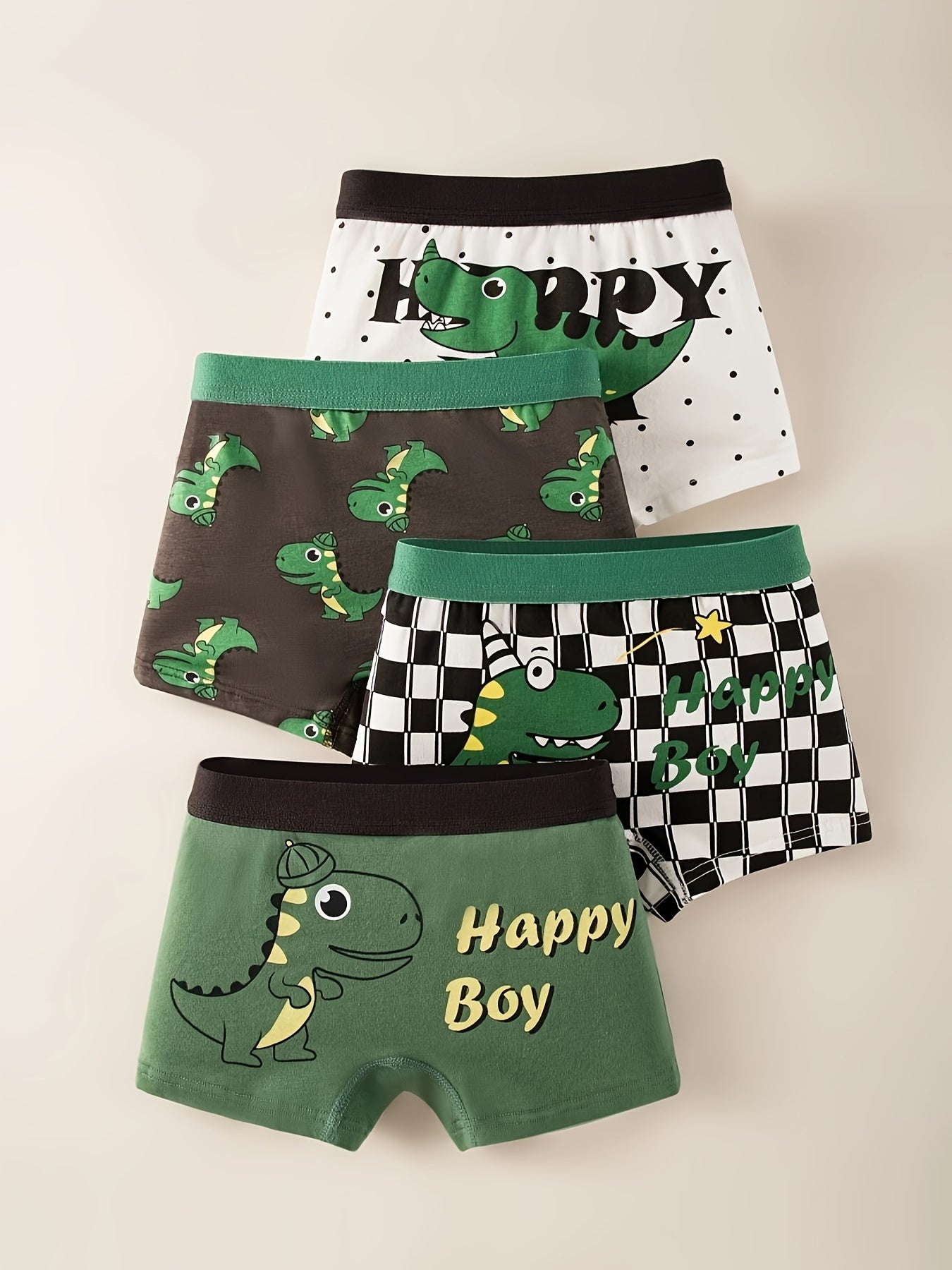 4 children's boxer briefs with cute dinosaur print, made of soft breathable cotton, suitable for all seasons.