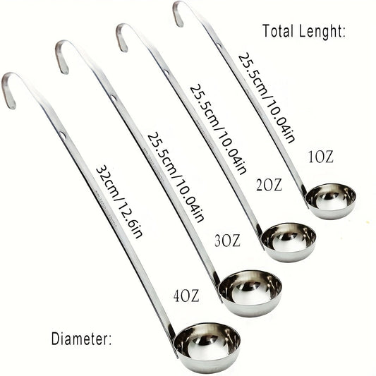 Set of four stainless steel soup ladles, varying in sizes of 1oz, 2oz, 3oz, and 4oz, complete with a pouring rim and sturdy metal handle. The perfect kitchen cooking utensils for serving sauces and soups.