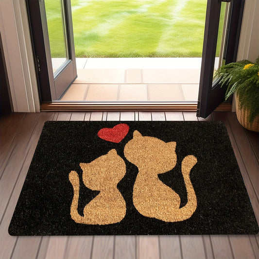 Whisker Wonders Cat Silhouette Doormat - Polyester Mat with Non-Slip Backing, Machine Washable, Indoor/Outdoor Rug with Heart Design for Front Door Entryway