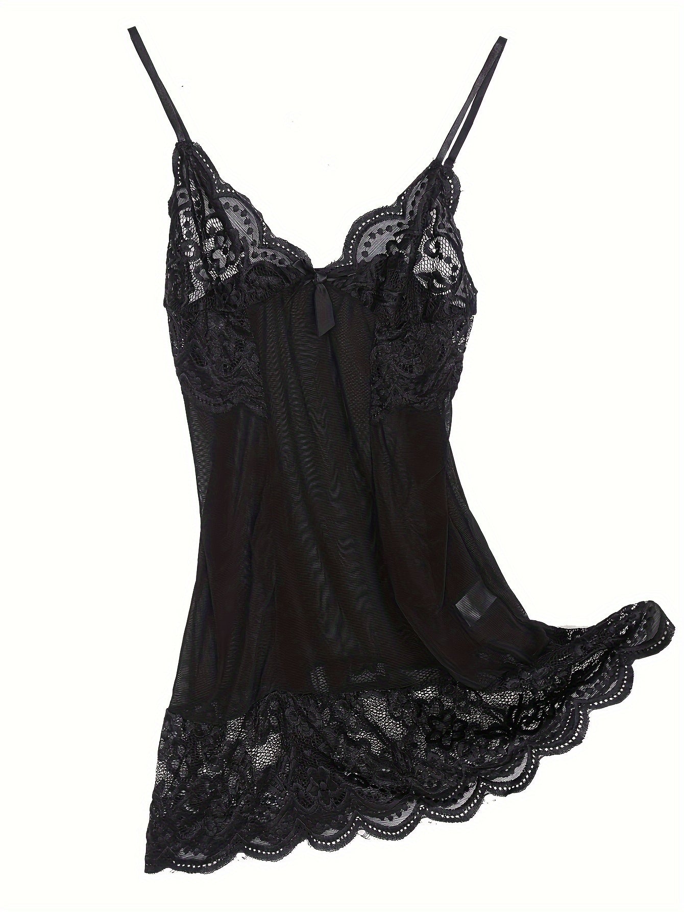 Women's black lace lingerie set includes a sheer slip dress with V-neck and matching thong featuring intricate floral patterns. Made from a soft polyester blend, perfect for romantic