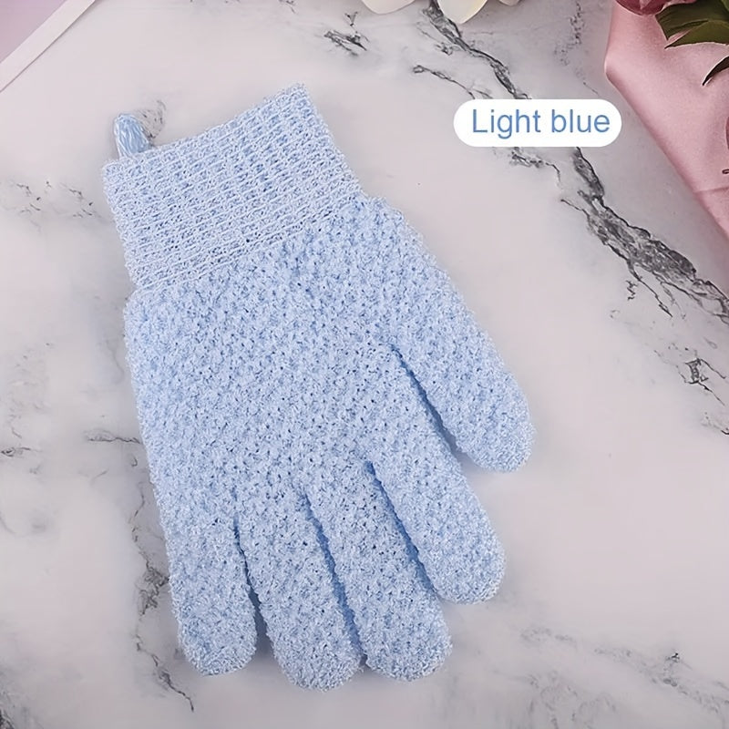 Shower gloves for exfoliation, cleansing, and massage - removes dead skin and dryness.