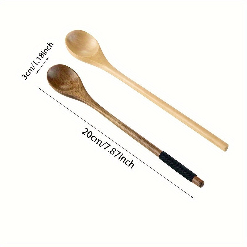 Creative long handle Japanese-style honey stirring spoon with twisted round handle, made from small wooden spoon.