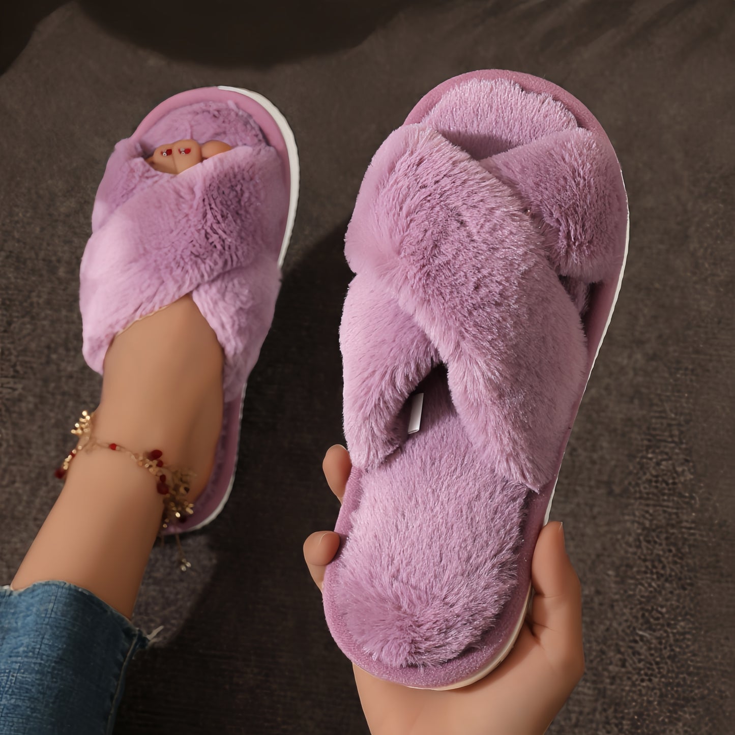 Leopard print plush slippers with soft soles, non-slip for cozy warmth at home.