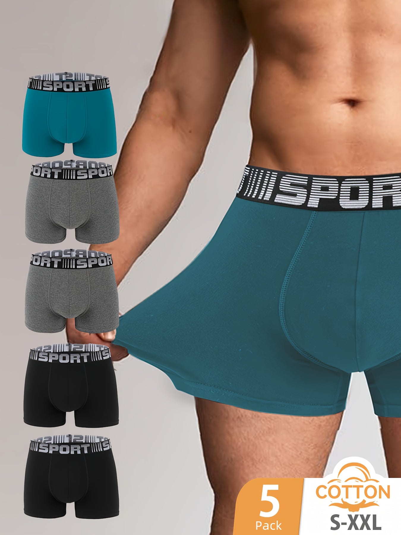 Men's cotton boxer shorts in mixed colors, available in packs of five or ten.