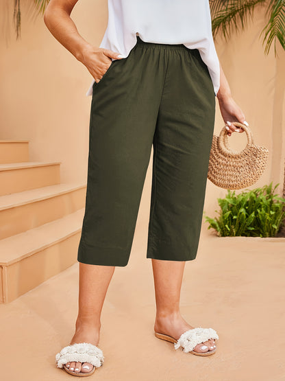 Women's Spring/Summer Wide Leg Pants with Elastic Waist, Double Insert Pockets, Breathable Linen-Feel Fabric, Solid Color, 100% Polyester, 175g/m² - Casual Woven Trousers