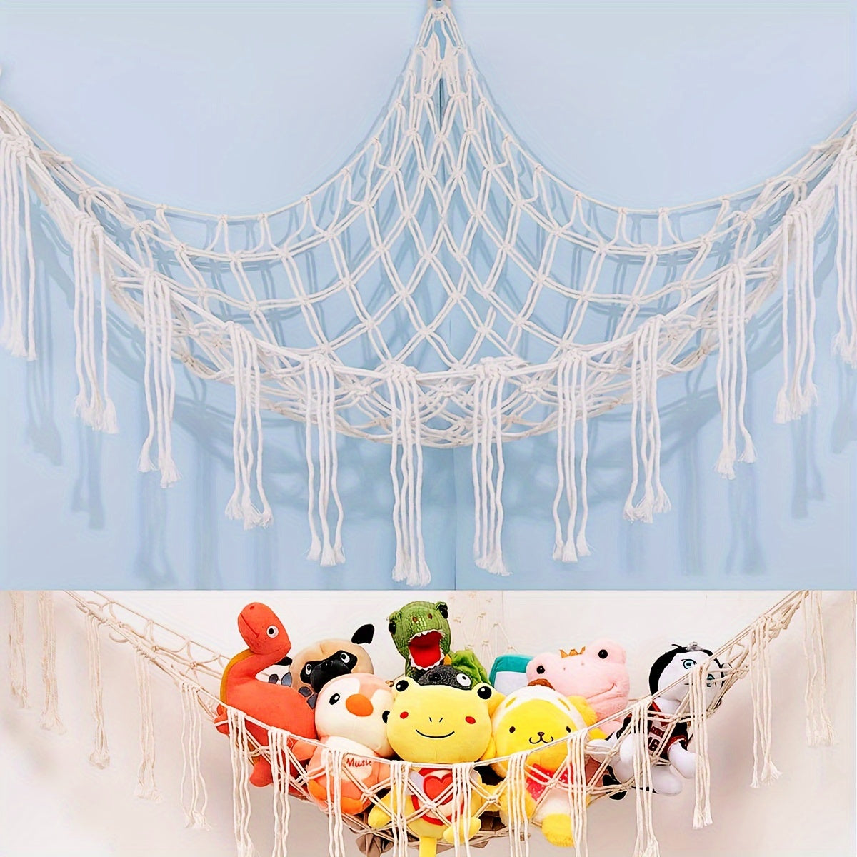 1 unit of Hand-Woven Plush Toy Hammock, a Corner Storage Decoration that can hold plush toys, hats, socks; simple to set up and an ideal gift for Halloween, Christmas, and more.