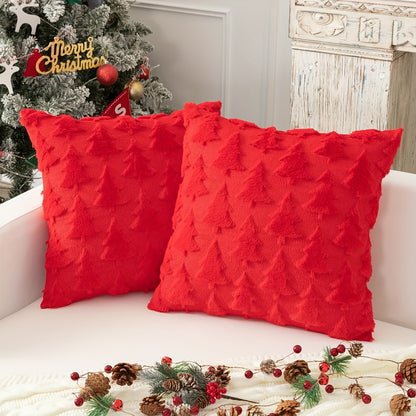 Festive Christmas tree pillow cover made of soft plush faux fur jacquard, 45.72x45.72 cm with zippered closure. Machine washable, perfect for holiday and winter home decor.