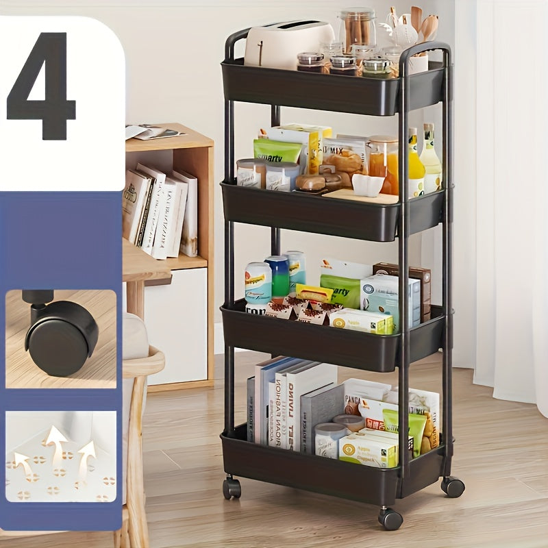 1-piece Utility Cart Rack with Wheels, Heavy-Duty Plastic Shelving, Multi-Purpose Floor-Standing Organizer for Kitchen, Bedroom, Bathroom, Living Room Storage