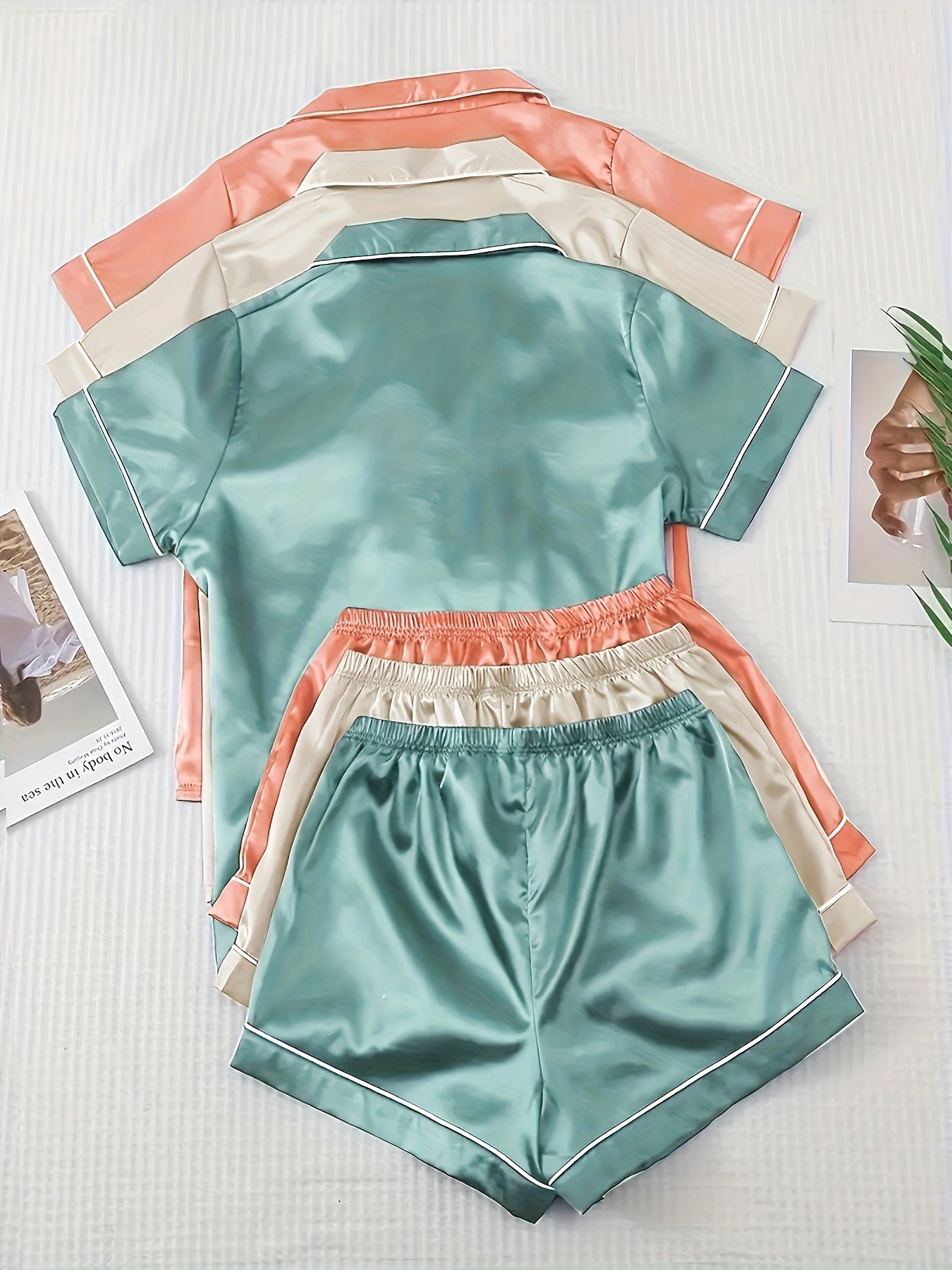 3 sets of satin pajama sets with short sleeve collar tops and bow shorts for women's loungewear.