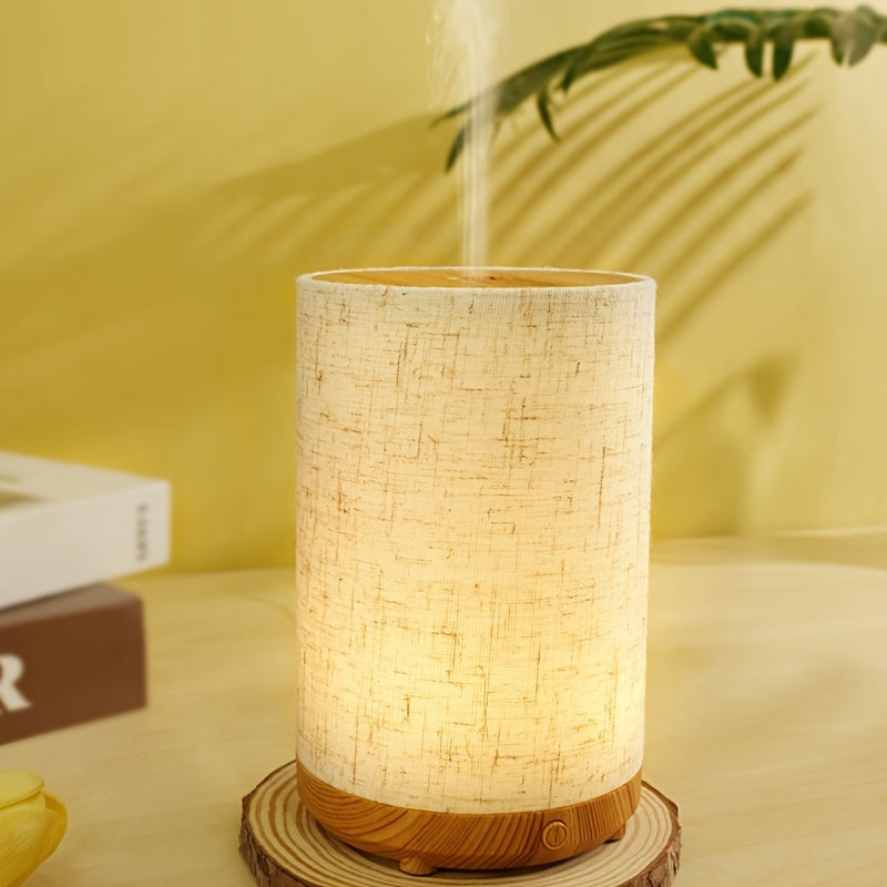 Textured fabric & wooden air humidifier with aromatherapy diffuser, essential oil addition, air purification, auto shut-off, USB powered; ideal for home, bedroom, office, travel gift.