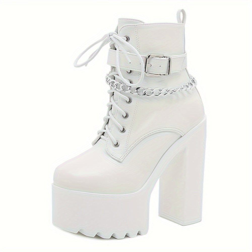 Women's stylish ankle boots with chain decor, block heel, lace-up, and side zipper.